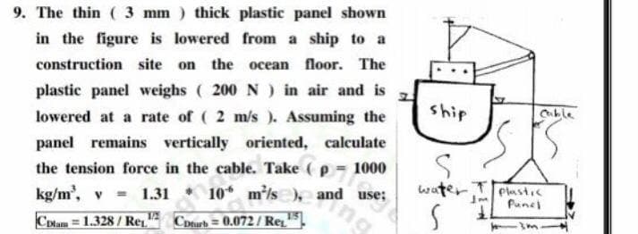 9. The thin ( 3 mm ) thick plastic panel shown
in the figure is lowered from a ship to a
construction site on the ocean floor. The
plastic panel weighs ( 200 N) in air and is
lowered at a rate of ( 2 m/s ). Assuming the
ship
Cble
panel remains vertically oriented, calculate
ing
the tension force in the cable. Take ( p = 1000
* 10* m²/s ), and use;
water Plastic
funel
kg/m', v = 1.31
m
Colam = 1.328 / Re
Cpturb = 0.072 / Re
