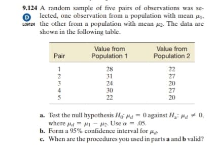 9.124 A random sample of five pairs of observations was se-
Olected, one observation from a population with mean ₁.
L09124 the other from a population with mean 2. The data are
shown in the following table.
Pair
12345
5
Value from
Population 1
28
31
24
30
22
Value from
Population 2
22
27
20
27
20
a. Test the null hypothesis Ho- d = 0 against H₂: 0,
where = 1 #2. Use a = .05.
b. Form a 95% confidence interval for μd.
c. When are the procedures you used in parts a and b valid?