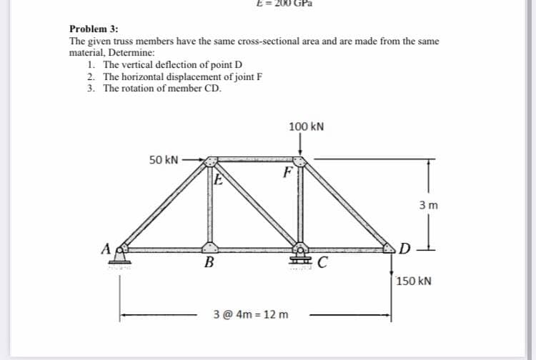 E= 200
Problem 3:
The given truss members have the same cross-sectional area and are made from the same
material, Determine:
1. The vertical deflection of point D
2. The horizontal displacement of joint F
3. The rotation of member CD.
100 kN
50 kN
F
3 m
B
150 kN
3 @ 4m = 12 m
