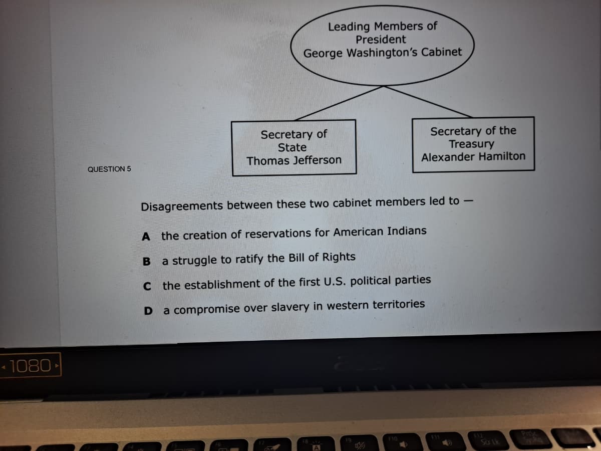 Leading Members of
President
George Washington's Cabinet
Secretary of
State
Secretary of the
Treasury
Alexander Hamilton
Thomas Jefferson
QUESTION 5
Disagreements between these two cabinet members led to -
A the creation of reservations for American Indians
a struggle to ratify the Bill of Rights
c the establishment of the first U.S. political parties
Da compromise over slavery in western territories
1080
byk
