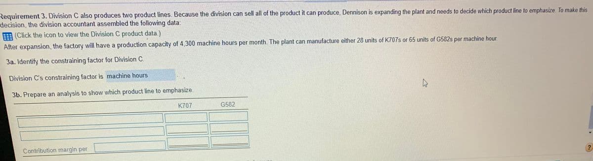 Requirement 3. Division C also produces two product lines. Because the division can sell all of the product it can produce, Dennison is expanding the plant and needs to decide which product line to emphasize. To make this
decision, the division accountant assembled the following data:
E (Click the icon to view the Division C product data.)
After expansion, the factory will have a production capacity of 4,300 machine hours per month. The plant can manufacture either 28 units of K707s or 65 units of G582s per machine hour.
3a. Identify the constraining factor for Division C.
Division C's constraining factor is machine hours
3b. Prepare an analysis to show which product line to emphasize
K707
G582
Contribution margin per
