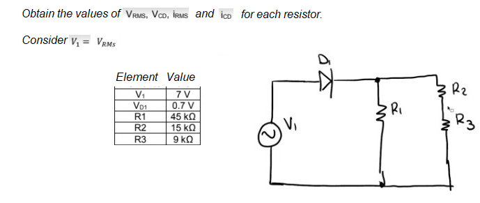 Obtain the values of VRMS, VcD, İRMS and ico for each resistor.
Consider v, = VRMS
Element Value
7 V
0.7 V
45 kQ
15 kQ
Vo1
R1
R2
R3
9 ka
