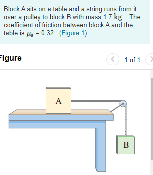 Block A sits on a table and a string runs from it
over a pulley to block B with mass 1.7 kg. The
coefficient of friction between block A and the
table is μ = 0.32. (Figure 1)
Figure
A
<
1 of 1
B