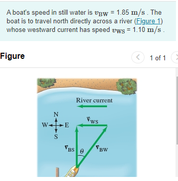 A boat's speed in still water is uw = 1.85 m/s. The
boat is to travel north directly across a river (Figure 1)
whose westward current has speed vws = 1.10 m/s.
Figure
N
-Z
W 1 E
S
River current
FBS 0
Tws
FBW
1 of 1