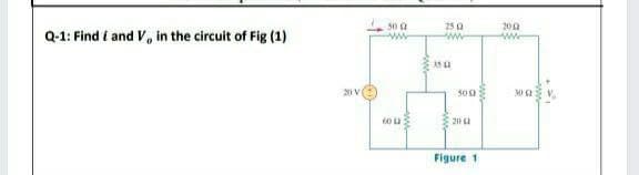 30 2
25 a
ww
200
Q-1: Find i and V, in the circuit of Fig (1)
509
Figure 1
