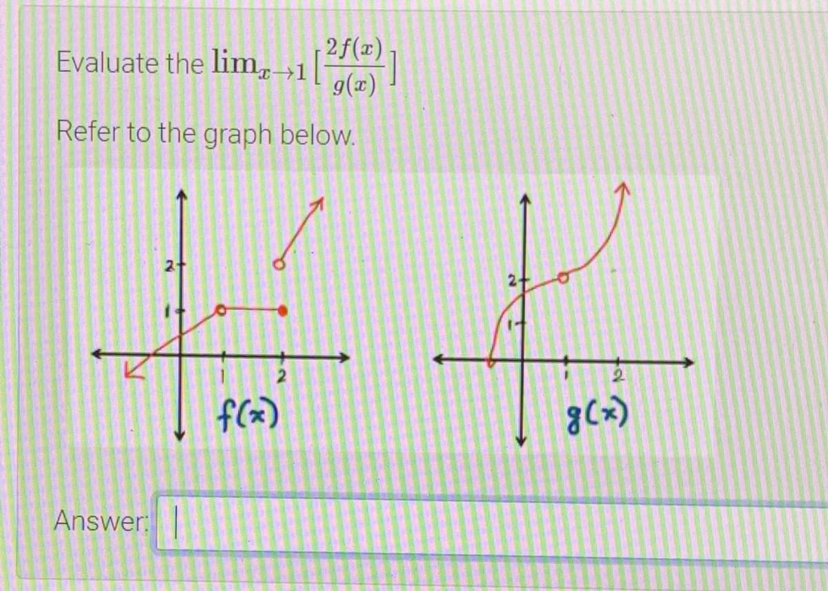 2f(x)
Evaluate the lim,→1
g(x)
Refer to the graph below.
2+
2.
f(x)
g(x)
Answer:
