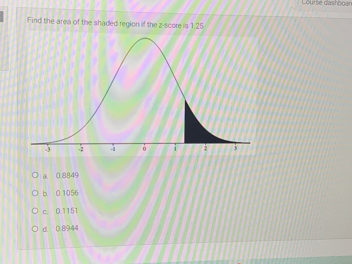 Course dashboard
Find the area of the shaded region if the z-score is 1.25
O a. 0.8849
O b. 0.1056
O c. 0.1151
O d. 0.8944
