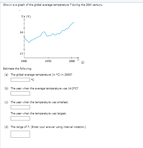 Shown is a graph of the global average temperature T during the 20th century.
+
14-
13-
(°C)
1900
Estimate the following.
(a) The global average temperature (in °C) in 2000?
°C
1950
2000
(b) The year when the average temperature was 14.2°C?
(c) The year when the temperature was smallest.
The year when the temperature was largest.
t
(d) The range of T. (Enter your answer using interval notation.)