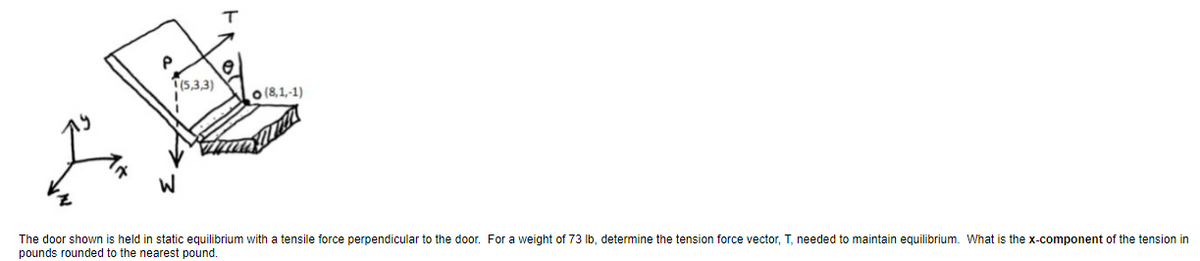 (5,3,3)
Lo (8,1,-1)
The door shown
pounds rounded to the nearest pound.
held in static equilibrium with a tensile force perpendicular to the door. For a weight of 73 Ib, determine the tension force vector, T, needed to maintain equilibrium. What is the x-component of the tension in
