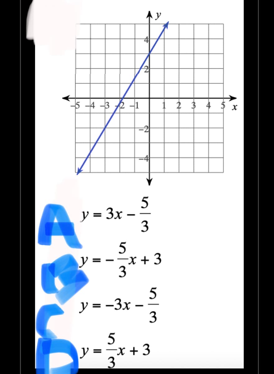 A
y = 3x -
-5-4-32-1 1 2 3 4
y =
Ay
4
2
-2
5/3
5
√x +3
3
y=-3x -
5/3
5
\y ==x+3
3
X