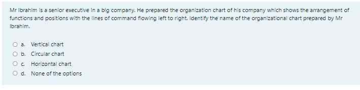 Mr Ibrahim is a senior executive in a big company. He prepared the organization chart of his company which shows the arrangement of
functions and positions with the lines of command flowing left to right. Identify the name of the organizational chart prepared by Mr
Ibrahim.
O a. Vertical chart
O b. Circular chart
Oc.
Horizontal chart
O d. None of the options
