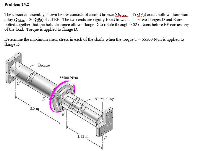 Problem 23.2
The torsional assembly shown below consists of a solid bronze (Gronze = 45 GPa) and a hollow aluminum
alloy (Galum = 80 GPa) shaft EF. The two ends are rigidly fixed to walls. The two flanges D and E are
bolted together, but the bolt clearance allows flange D to rotate through 0.02 radians before EF carries any
of the load. Torque is applied to flange D.
Determine the maximum shear stress in each of the shafts when the torque T = 55500 N-m is applied to
flange D.
120 mm
Bronze
2.5 m
D
55500 N*m
E
120 mm
60 mm
1.12 m
-Alum. alloy
F