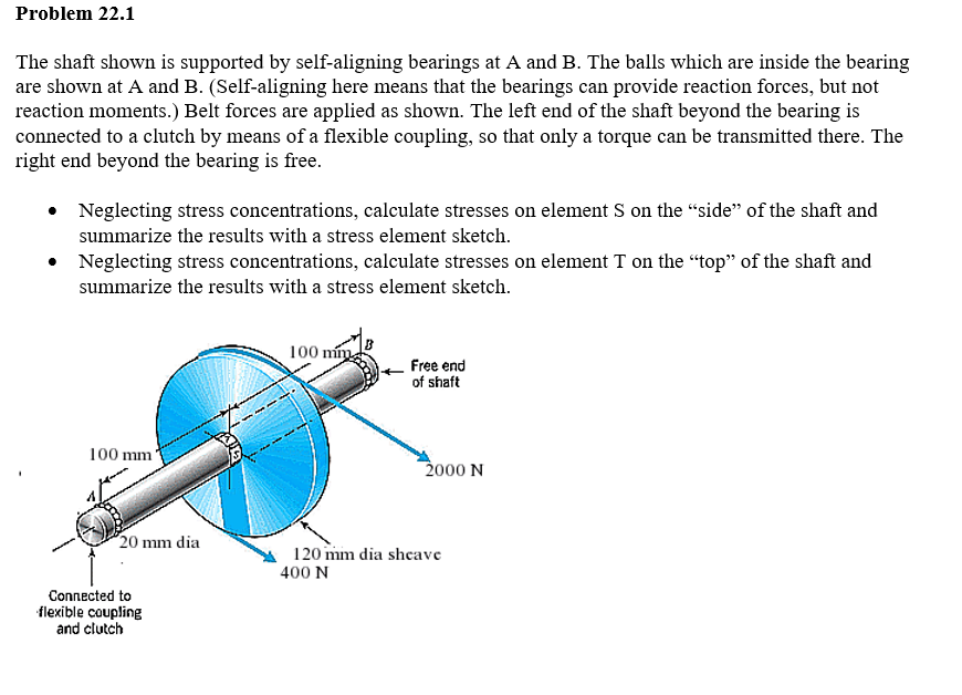 Problem 22.1
The shaft shown is supported by self-aligning bearings at A and B. The balls which are inside the bearing
are shown at A and B. (Self-aligning here means that the bearings can provide reaction forces, but not
reaction moments.) Belt forces are applied as shown. The left end of the shaft beyond the bearing is
connected to a clutch by means of a flexible coupling, so that only a torque can be transmitted there. The
right end beyond the bearing is free.
Neglecting stress concentrations, calculate stresses on element S on the "side" of the shaft and
summarize the results with a stress element sketch.
• Neglecting stress concentrations, calculate stresses on element T on the "top" of the shaft and
summarize the results with a stress element sketch.
100 mm
20 mm dia
Connected to
flexible coupling
and clutch
100 mm
B
Free end
of shaft
2000 N
120 mm dia sheave
400 N