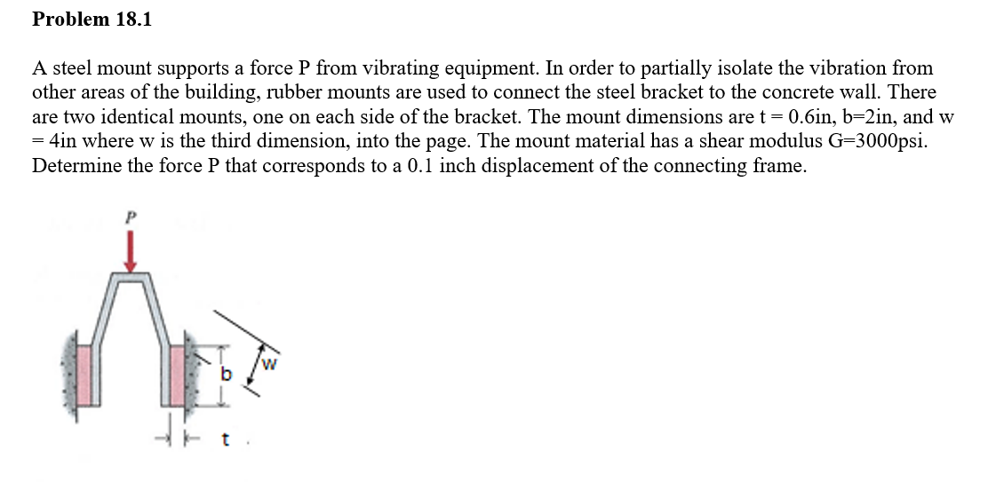 Problem 18.1
A steel mount supports a force P from vibrating equipment. In order to partially isolate the vibration from
other areas of the building, rubber mounts are used to connect the steel bracket to the concrete wall. There
are two identical mounts, one on each side of the bracket. The mount dimensions are t = 0.6in, b=2in, and w
= 4in where w is the third dimension, into the page. The mount material has a shear modulus G=3000psi.
Determine the force P that corresponds to a 0.1 inch displacement of the connecting frame.