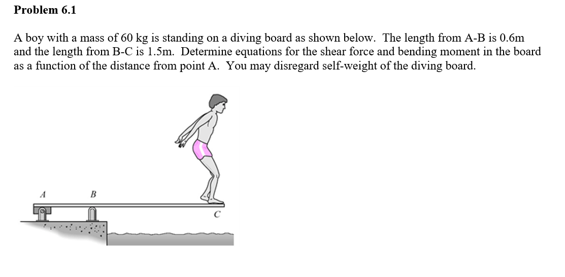 Problem 6.1
A boy with a mass of 60 kg is standing on a diving board as shown below. The length from A-B is 0.6m
and the length from B-C is 1.5m. Determine equations for the shear force and bending moment in the board
as a function of the distance from point A. You may disregard self-weight of the diving board.
A
B