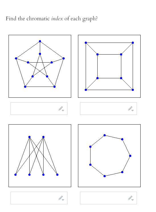 Find the chromatic index of each graph?
