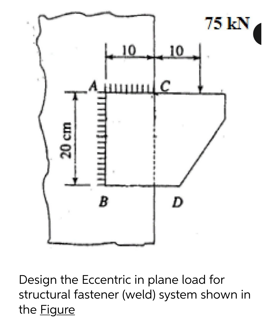 75 kN (
10
10
Design the Eccentric in plane load for
structural fastener (weld) system shown in
the Figure
20 cm
