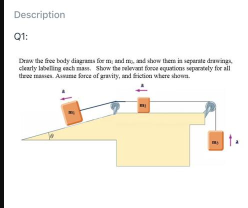 Description
Q1:
Draw the free body diagrams for m; and m;, and show them in separate drawings,
clearly labelling each mass. Show the relevant force equations separately for all
three masses. Assume force of gravity, and friction where shown.
m;
my
a
