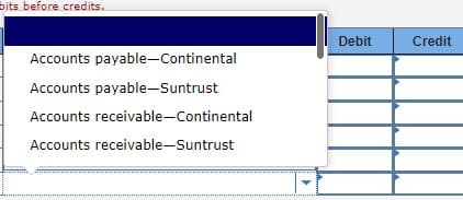 bits before credits.
Debit
Credit
Accounts payable-Continental
Accounts payable-Suntrust
Accounts receivable-Continental
Accounts receivable-Suntrust
