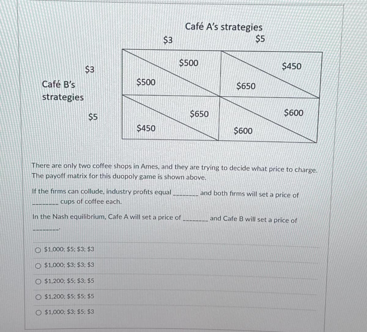 Café B's
strategies
$3
$5
$500
$450
O $1,000; $5; $3; $3
O $1,000; $3; $3; $3
O $1,200; $5; $3; $5
O $1,200; $5; $5; $5
O $1,000; $3; $5; $3
$3
Café A's strategies
$5
$500
If the firms can collude, industry profits equal
_________________ cups of coffee each.
In the Nash equilibrium, Cafe A will set a price of
$650
$650
$600
$450
There are only two coffee shops in Ames, and they are trying to decide what price to charge.
The payoff matrix for this duopoly game is shown above.
and both firms will set a price of
$600
and Cafe B will set a price of