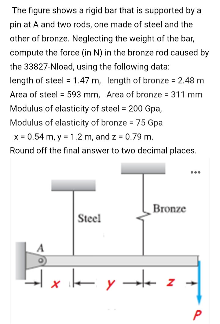 The figure shows a rigid bar that is supported by a
pin at A and two rods, one made of steel and the
other of bronze. Neglecting the weight of the bar,
compute the force (in N) in the bronze rod caused by
the 33827-Nload, using the following data:
length of steel = 1.47 m, length of bronze = 2.48 m
Area of steel = 593 mm, Area of bronze = 311 mm
%3D
Modulus of elasticity of steel = 200 Gpa,
%3D
Modulus of elasticity of bronze = 75 Gpa
X = 0.54 m, y = 1.2 m, and z =
0.79 m.
Round off the final answer to two decimal places.
...
Bronze
|Steel
->
P
