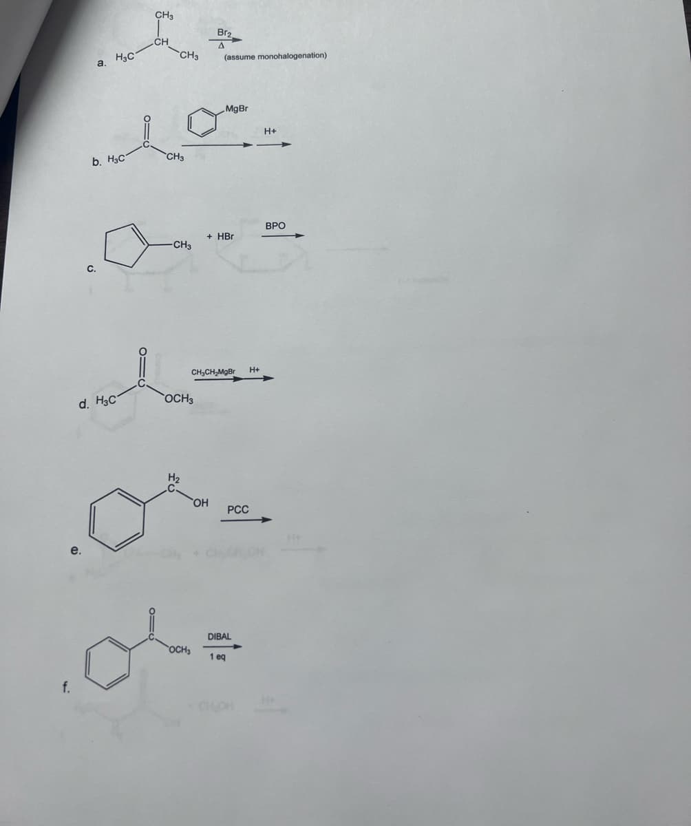 e.
f.
a. H3c
b. H3C
C.
d. H3C
CH3
CH
CH3
CH3
-CH3
OCH 3
H₂
OCH3
Br₂
Δ
(assume monohalogenation)
CH₂CH₂MgBr
OH
MgBr
+ HBr
PCC
DIBAL
1 eq
H+
CHOM
H+
ВРО