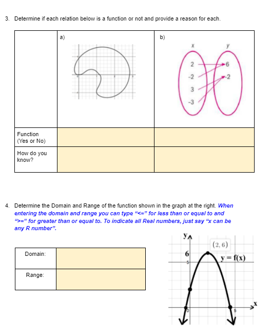 3. Determine if each relation below is a function or not and provide a reason for each.
00
Function
(Yes or No)
How do you
know?
4. Determine the Domain and Range of the function shown in the graph at the right. When
entering the domain and range you can type "<=" for less than or equal to and
">=" for greater than or equal to. To indicate all Real numbers, just say "x can be
any R number".
YA
(2, 6)
Domain:
_y = f(x)
Range:
