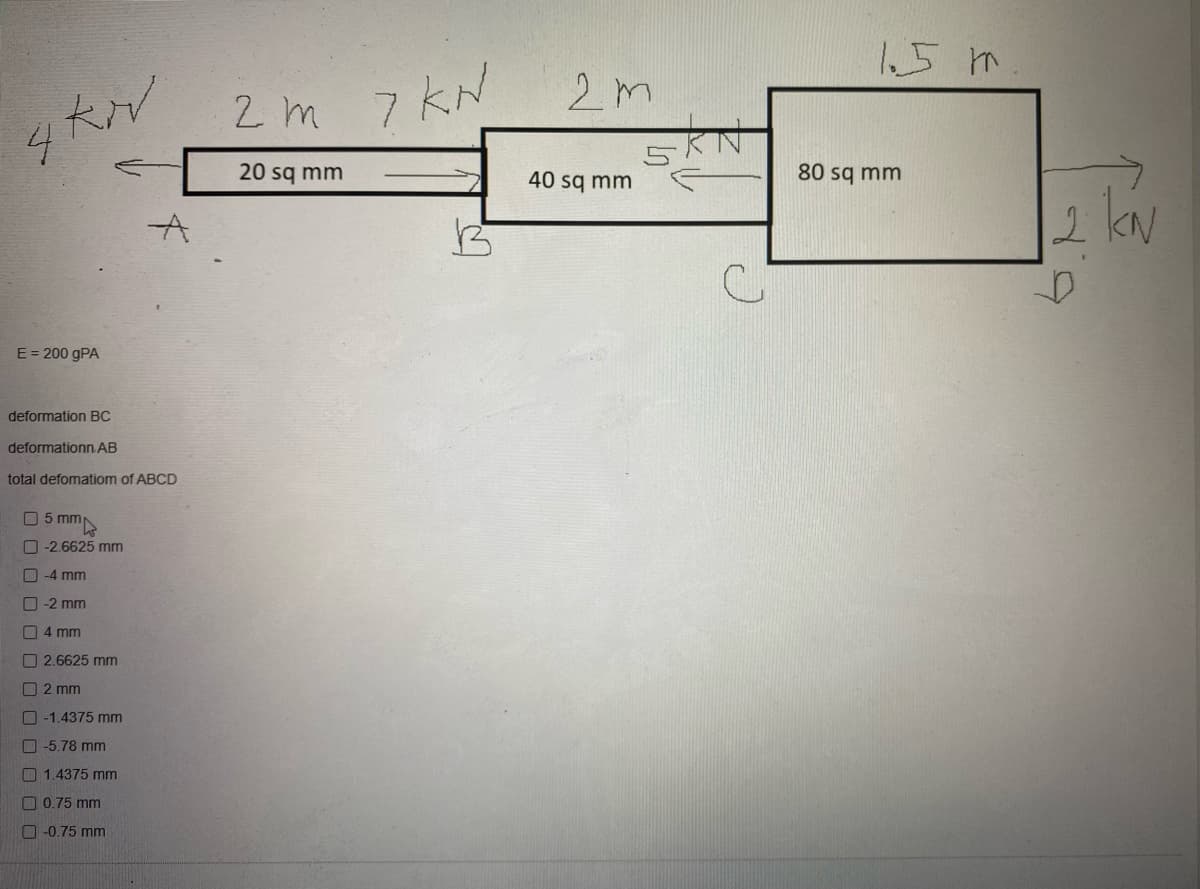 4 kiv
A
E = 200 gPA
deformation BC
deformationn AB
total defomatiom of ABCD
5 mm
-2.6625 mm
-4 mm
-2 mm
4 mm
2.6625 mm
2 mm
-1.4375 mm
-5.78 mm
1.4375 mm
0.75 mm
-0.75 mm
2m 7 kN
20 sq mm
2m
40 sq mm
C
1.5m
80 sq mm
2 KN
D