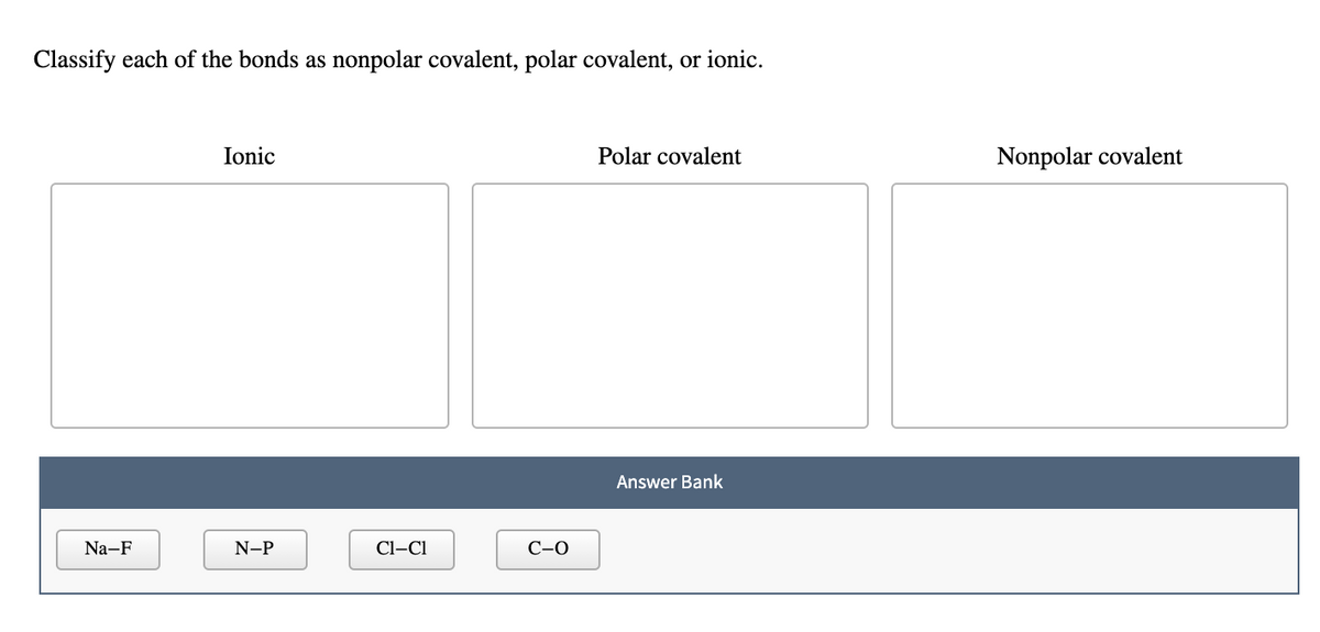 Classify each of the bonds as nonpolar covalent, polar covalent, or ionic.
Ionic
Polar covalent
Nonpolar covalent
Answer Bank
Na-F
N-P
Cl-Cl
С-О
