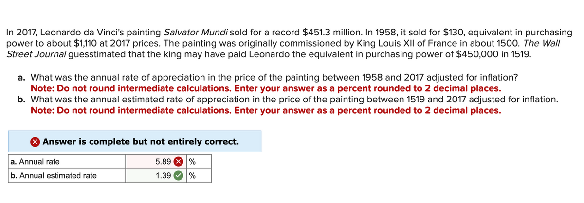 In 2017, Leonardo da Vinci's painting Salvator Mundi sold for a record $451.3 million. In 1958, it sold for $130, equivalent in purchasing
power to about $1,110 at 2017 prices. The painting was originally commissioned by King Louis XII of France in about 1500. The Wall
Street Journal guesstimated that the king may have paid Leonardo the equivalent in purchasing power of $450,000 in 1519.
a. What was the annual rate of appreciation in the price of the painting between 1958 and 2017 adjusted for inflation?
Note: Do not round intermediate calculations. Enter your answer as a percent rounded to 2 decimal places.
b. What was the annual estimated rate of appreciation in the price of the painting between 1519 and 2017 adjusted for inflation.
Note: Do not round intermediate calculations. Enter your answer as a percent rounded to 2 decimal places.
X Answer is complete but not entirely correct.
a. Annual rate
b. Annual estimated rate
5.89 X %
1.39 %