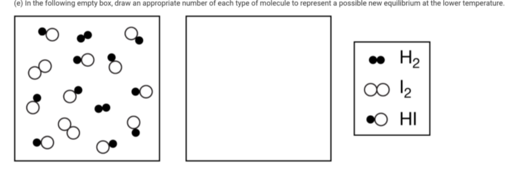 (e) In the following empty box, draw an appropriate number of each type of molecule to represent a possible new equilibrium at the lower temperature.
• H2
o l2
O HI
