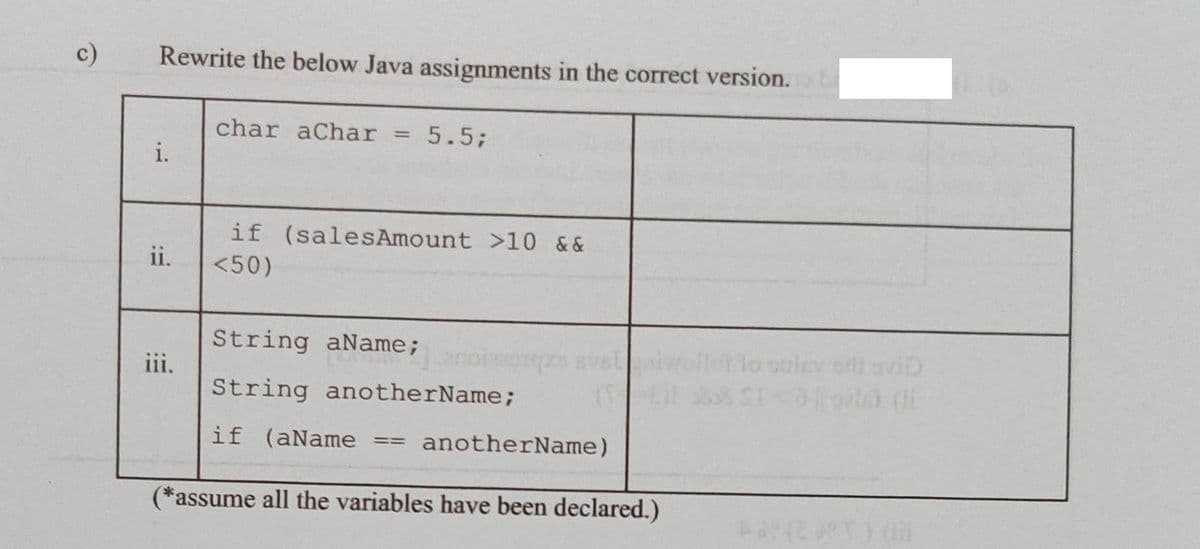 c)
Rewrite the below Java assignments in the correct version.
char aChar
= 5.5;
i.
if (salesAmount >10 &&
<50)
ii,
String aName;
lo oulev oviD
iii.
String anotherName;
if (aName
anotherName)
(*assume all the variables have been declared.)
