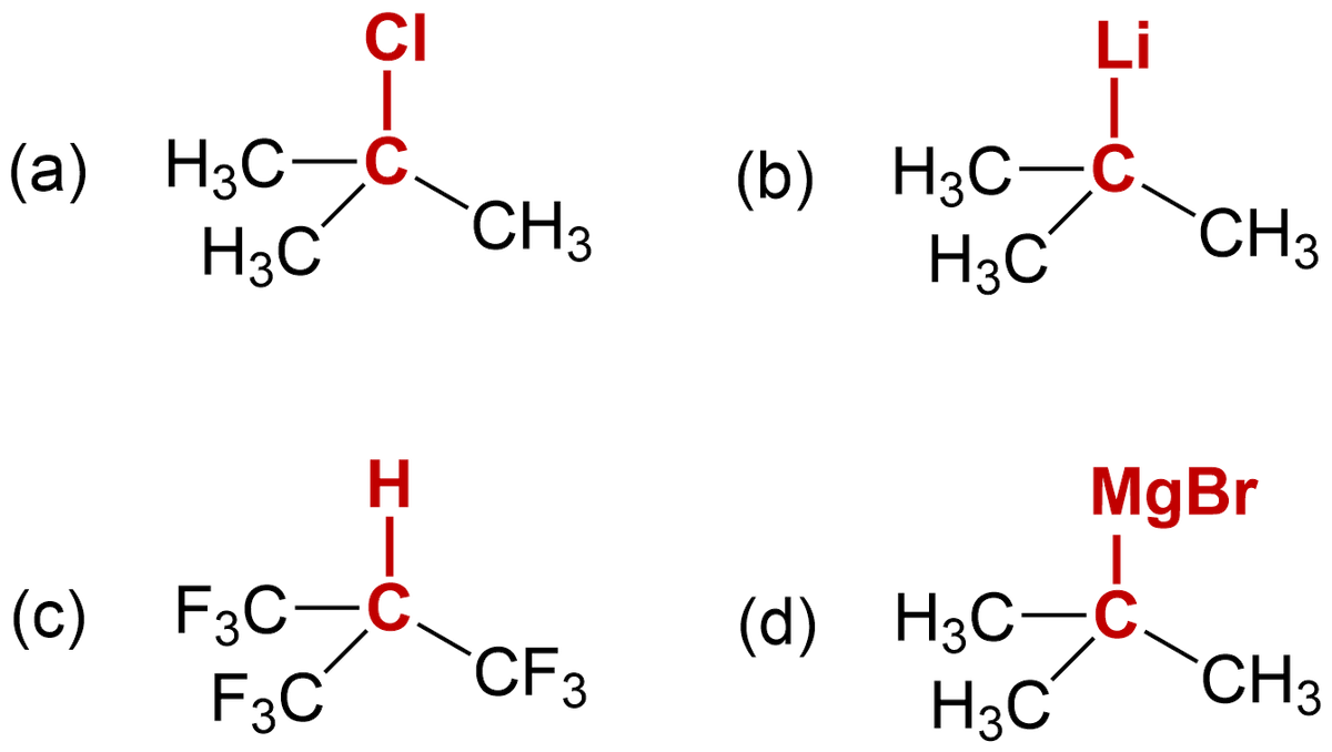 CI
Li
(а) Нзс—с.
CH3
H3C
(b) H3C-C
CH3
H3C
MgBr
(с) FзC—C.
F3C
(d) H3C-C
H3C
CF3
CH3
