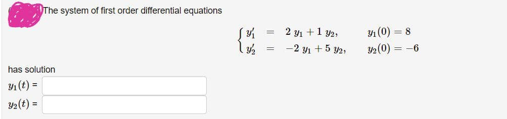 The system of first order differential equations
2 y1 +1 y2,
-2 yı + 5 y2,
Y1 (0) = 8
%3D
Y2 (0) = -6
has solution
Y1 (t) =
Y2(t) =
