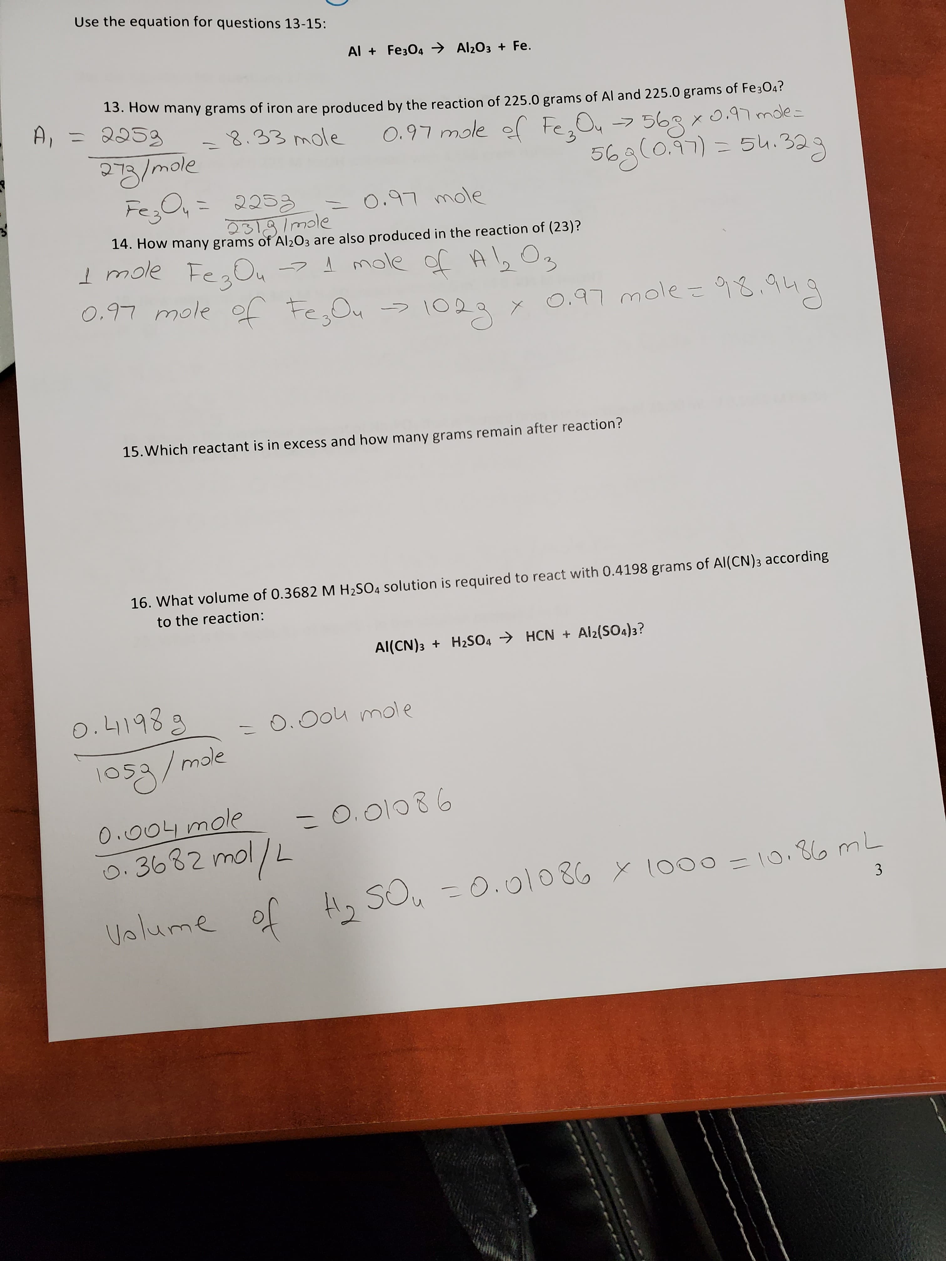 15.Which reactant is in excess and how many grams remain after reaction?
