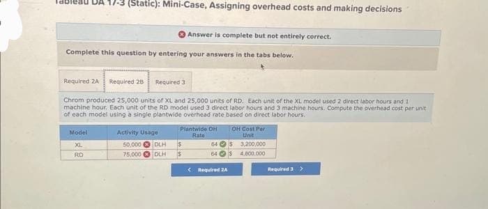 (Static): Mini-Case, Assigning overhead costs and making decisions
Complete this question by entering your answers in the tabs below.
Model
XL
RD
Required 2A Required 28 Required 3
Chrom produced 25,000 units of XL and 25,000 units of RD. Each unit of the XL model used 2 direct labor hours and 1
machine hour. Each unit of the RD model used 3 direct labor hours and 3 machine hours. Compute the overhead cost per unit
of each model using a single plantwide overhead rate based on direct labor hours.
Answer is complete but not entirely correct.
Activity Usage
50,000 DLH
Plantwide OH
Rate
75,000 DLHS
OH Cost Per
Unit
3,200,000
4,800,000
64$
64
< Required 2A
Required 3 >