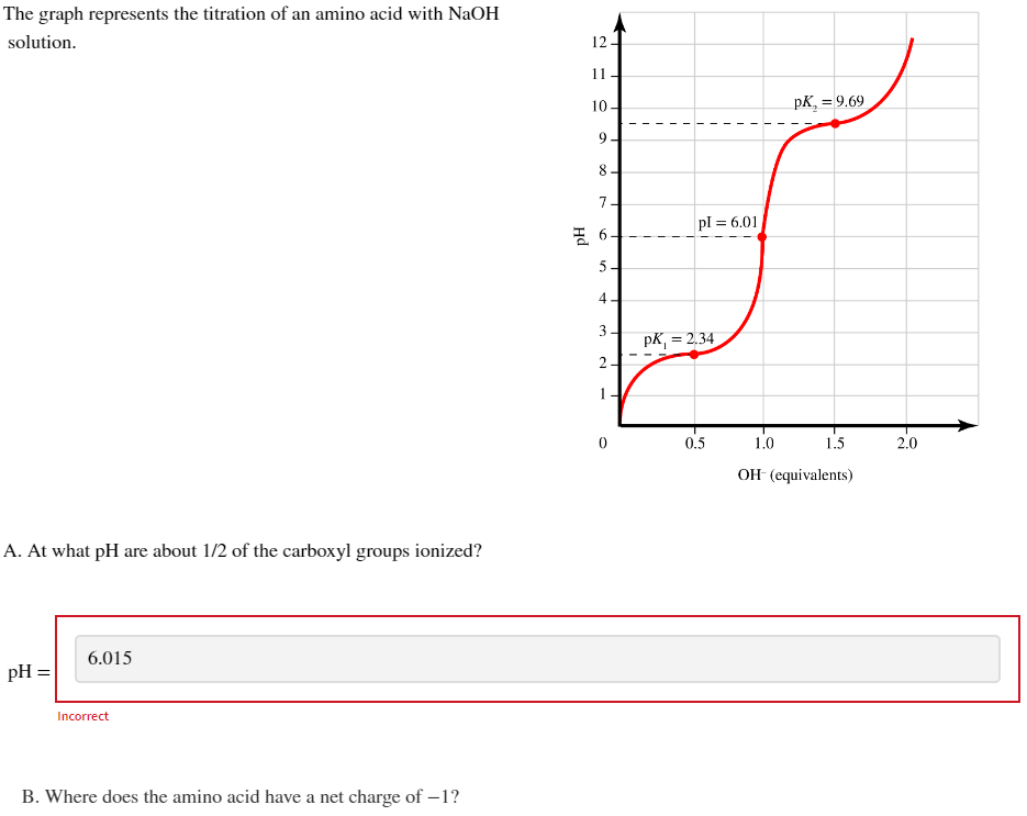 The graph represents the titration of an amino acid with NaOH
solution.
A. At what pH are about 1/2 of the carboxyl groups ionized?
pH =
6.015
Incorrect
B. Where does the amino acid have a net charge of -1?
12
11
10
9
8
7
6.
5
4
3
دیا
N
1
0
T
I
I
pl = 6.01
PK₁ = 2.34
0.5
1.0
pK₂ = 9.69
1.5
OH-(equivalents)
2.0