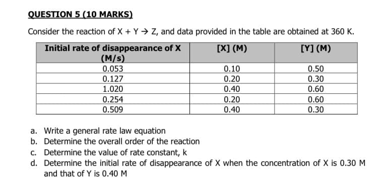 QUESTION 5 (10 MARKS)
Consider the reaction of X + Y → Z, and data provided in the table are obtained at 360 K.
Initial rate of disappearance of X
(M/s)
0.053
0.127
1.020
[X] (M)
[Y] (M)
0.50
0.30
0.10
0.20
0.40
0.60
0.254
0.509
0.20
0.40
0.60
0.30
a. Write a general rate law equation
b. Determine the overall order of the reaction
c. Determine the value of rate constant, k
d. Determine the initial rate of disappearance of X when the concentration of X is 0.30 M
and that of Y is 0.40 M

