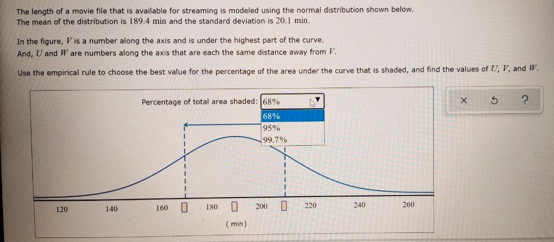 The length of a movie file that is available for streaming is modeled using the normal distribution shown below.
The mean of the distribution is 189.4 min and the standard deviation is 20.1 min.
In the figure, V is a number along the axis and is under the highest part of the curve.
And, U and W are numbers along the axis that are each the same distance away from V.
Use the empirical rule to choose the best value for the percentage of the area under the curve that is shaded, and find the values of U, V, and W.
Percentage of total area shaded: 68%
68%
95%
99.7%
160
180
200
220
240
260
120
140
( min)
