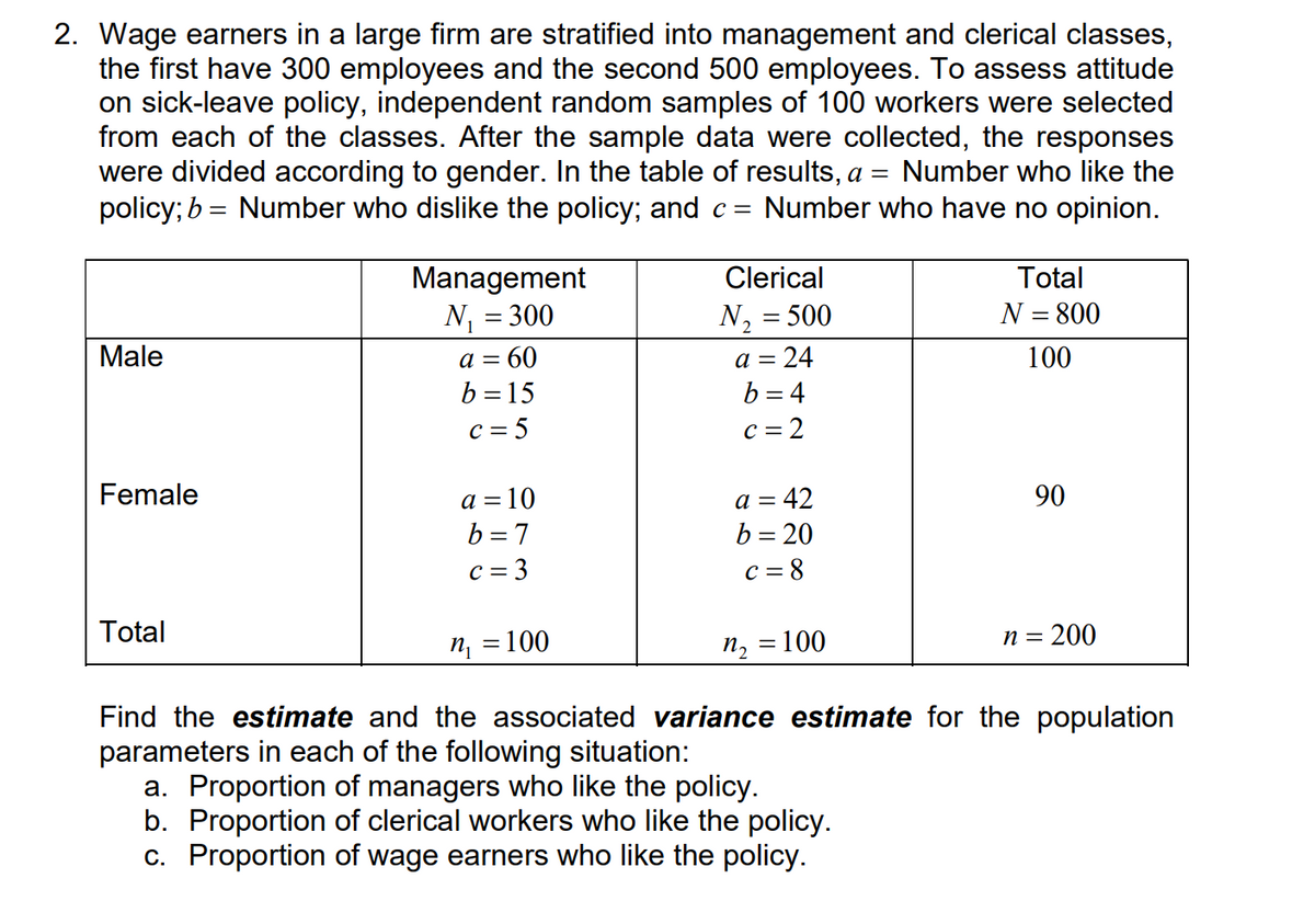 2. Wage earners in a large firm are stratified into management and clerical classes,
the first have 300 employees and the second 500 employees. To assess attitude
on sick-leave policy, independent random samples of 100 workers were selected
from each of the classes. After the sample data were collected, the responses
were divided according to gender. In the table of results, a = Number who like the
policy; b = Number who dislike the policy; and c = Number who have no opinion.
Male
Female
Total
Management
N₁ = 300
a = 60
b = 15
c=5
a = 10
b=7
c = 3
100
Clerical
N₂ = 500
= 24
b=4
c=2
a =
a =
:42
b = 20
c = 8
Total
N = 800
100
90
n = 200
n₁
n₂ = 100
Find the estimate and the associated variance estimate for the population
parameters in each of the following situation:
a. Proportion of managers who like the policy.
b. Proportion of clerical workers who like the policy.
c. Proportion of wage earners who like the policy.