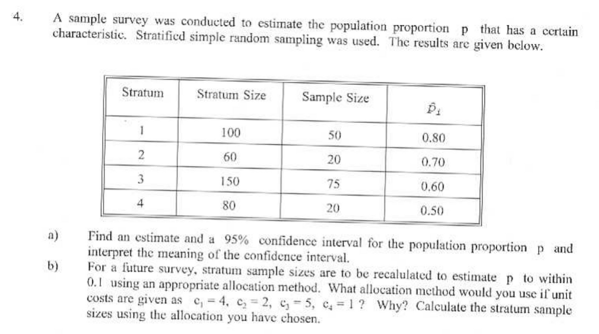 4.
A sample survey was conducted to estimate the population proportion p that has a certain
characteristic. Stratified simple random sampling was used. The results are given below.
Stratum
Stratum Size
Sample Size
Pi
1
100
50
0.80
2
60
20
0.70
3
150
75
0.60
4
80
20
0.50
a)
b)
Find an estimate and a 95% confidence interval for the population proportion p and
interpret the meaning of the confidence interval.
For a future survey, stratum sample sizes are to be recalulated to estimate p to within
0.1 using an appropriate allocation method. What allocation method would you use if unit
costs are given as c₁ = 4, c₂ = 2, c₁ = 5, c = 1? Why? Calculate the stratum sample
sizes using the allocation you have chosen.