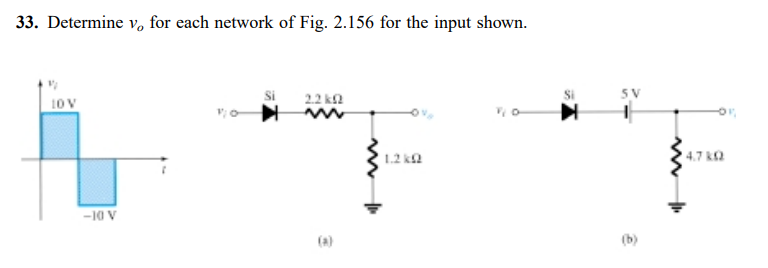 33. Determine v, for each network of Fig. 2.156 for the input shown.
10 V
2.2 ka
5V
1.2 ka
4.7 KA
-10 V
(a)
(b)
