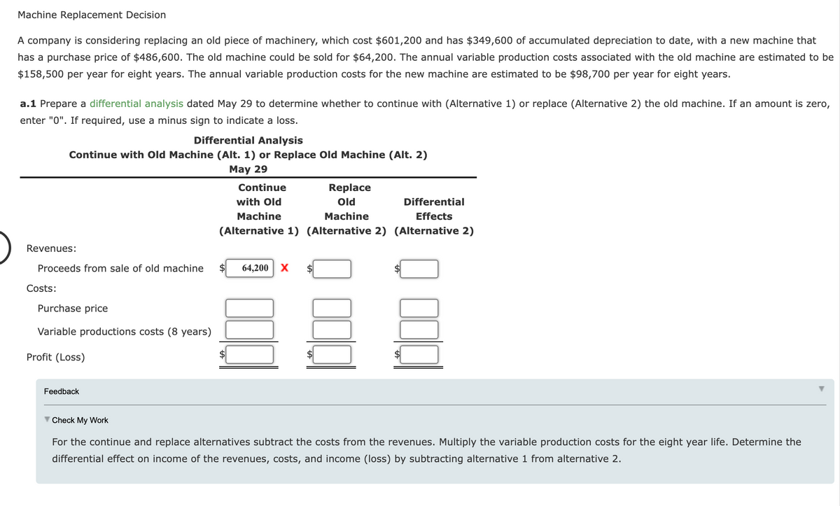 Machine Replacement Decision
A company is considering replacing an old piece of machinery, which cost $601,200 and has $349,600 of accumulated depreciation to date, with a new machine that
has a purchase price of $486,600. The old machine could be sold for $64,200. The annual variable production costs associated with the old machine are estimated to be
$158,500 per year for eight years. The annual variable production costs for the new machine are estimated to be $98,700 per year for eight years.
a.1 Prepare a differential analysis dated May 29 to determine whether to continue with (Alternative 1) or replace (Alternative 2) the old machine. If an amount is zero,
enter "0". If required, use a minus sign to indicate a loss.
Differential Analysis
Continue with Old Machine (Alt. 1) or Replace Old Machine (Alt. 2)
May 29
Continue
Replace
with Old
Old
Differential
Machine
Machine
Effects
(Alternative 1) (Alternative 2) (Alternative 2)
Revenues:
Proceeds from sale of old machine
64,200
X
Costs:
Purchase price
Variable productions costs (8 years)
Profit (Loss)
Feedback
Check My Work
For the continue and replace alternatives subtract the costs from the revenues. Multiply the variable production costs for the eight year life. Determine the
differential effect on income of the revenues, costs, and income (loss) by subtracting alternative 1 from alternative 2.

