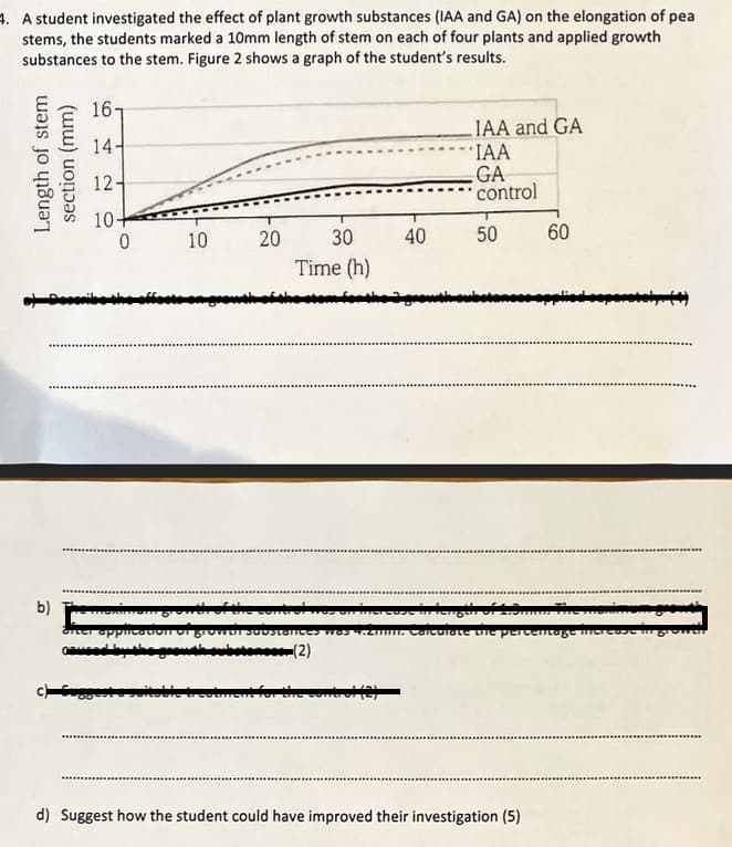 4. A student investigated the effect of plant growth substances (IAA and GA) on the elongation of pea
stems, the students marked a 10mm length of stem on each of four plants and applied growth
substances to the stem. Figure 2 shows a graph of the student's results.
Length of stem
section (mm)
161
14-
12-
10+
0
Describe
b)
c) Suggest a suite
10
************
20 30
Time (h)
40
IAA and GA
IAA
GA
control
50
60
minem & wth of the co
crease in length of 4.9mm. The movime
after application of growth substances was 4.2min. Calculate the percentage mereas
(2)
treatment for the control (2
d) Suggest how the student could have improved their investigation (5)
sepere
***********
************