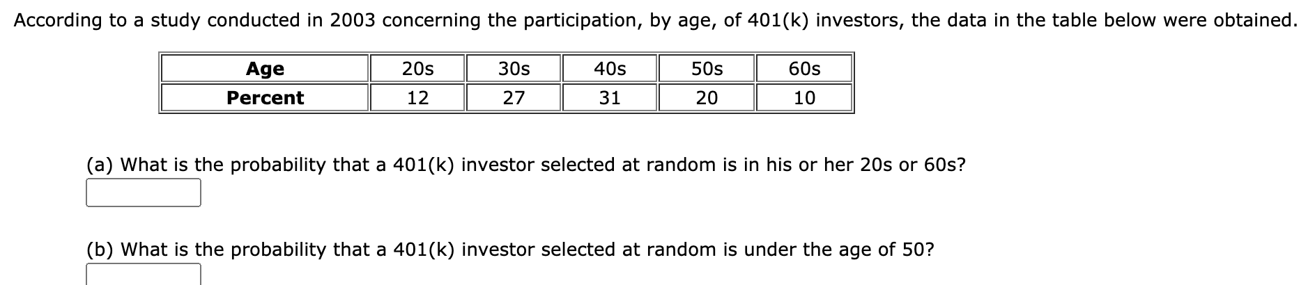 According to a study conducted in 2003 concerning the participation, by age, of 401(k) investors, the data in the table below were obtained
Age
20s
30s
40s
50s
60s
Percent
12
27
31
20
10
(a) What is the probability that a 401(k) investor selected at random is in his or her 20s or 60s?
(b) What is the probability that a 401(k) investor selected at random is under the age of 50?
