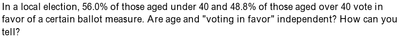 In a local election, 56.0% of those aged under 40 and 48.8% of those aged over 40 vote in
favor of a certain ballot measure. Are age and "voting in favor" independent? How can you
tell?
