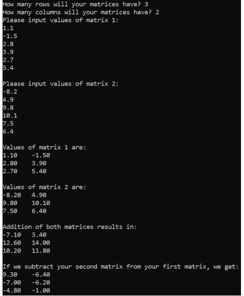 How many rows will your matrices have? 3
How many columns will your matrices have? 2
Please input values of matrix 1:
1.1
-1.5
2.8
3.9
2.7
5.4
Please input values of matrix 2:
-8.2
4.9
9.8
10.1
7.5
6.4
Values of matrix 1 are:
1.10
2.80
2.70
-1.50
3.90
5.40
Values of matrix 2 are:
-8.20
9.80
4.90
10.10
7.50
6.40
Addition of both matrices results in:
-7.10
12.60
10.20
3.40
14.00
11.80
If we subtract your second matrix from your first matrix, we get:
9.30
-6.40
-7.00
-4.80
-6.20
-1.00
