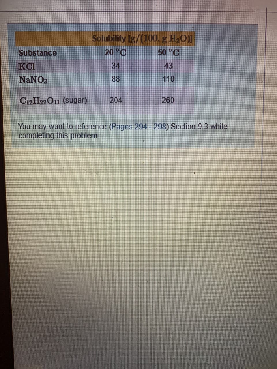 Solubility [g/(100. g H,O)]
Substance
20 °C
50 C
KCI
34
43
NaNO3
110
88
C12H22O11 (sugar)
204
260
You may want to reference (Pages 294 - 298) Section 9.3 while
completing this problem.
