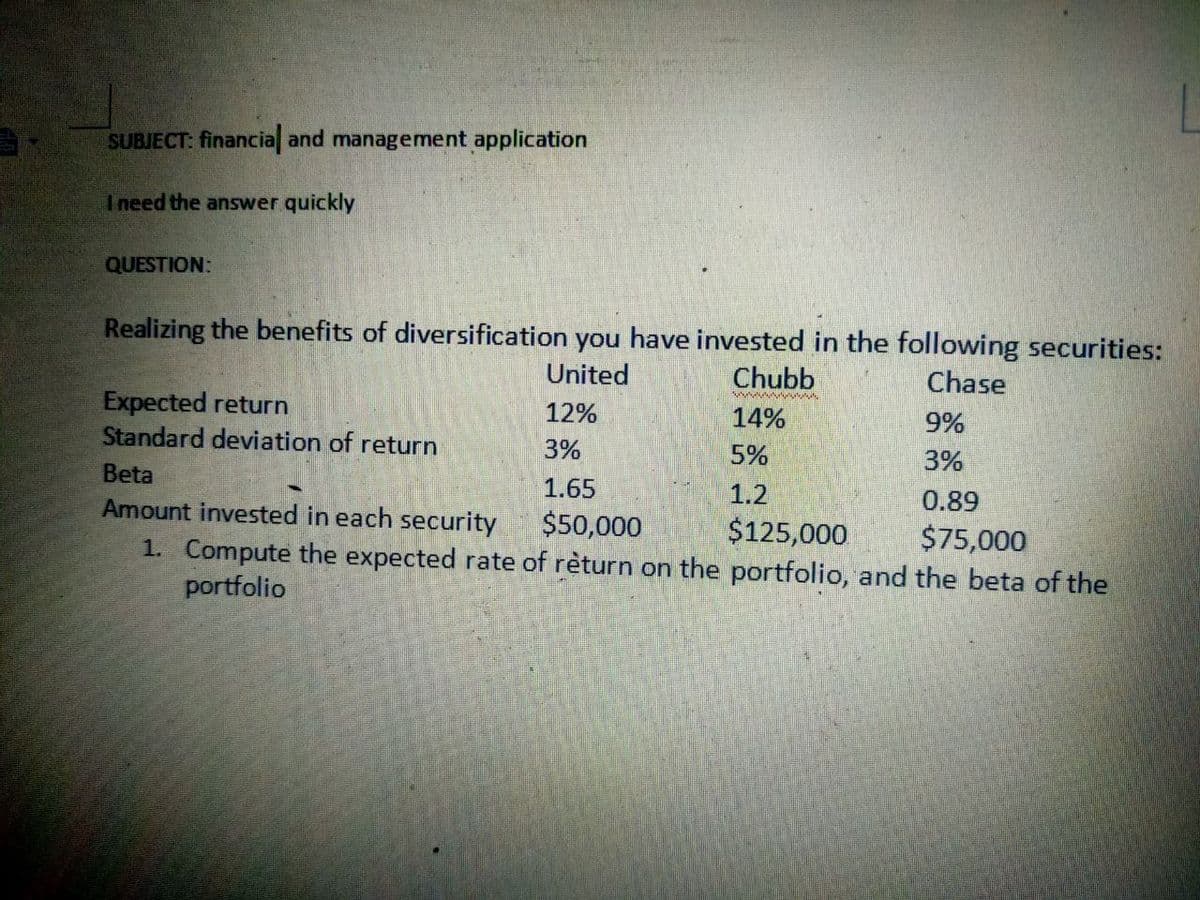 SUBJECT: financia and management application
I need the answer quickly
QUESTION:
Realizing the benefits of diversification you have invested in the following securities:
United
Chubb
Chase
Expected return
Standard deviation of return
12%
14%
9%
3%
5%
3%
Beta
1.65
1.2
0.89
Amount invested in each security
1. Compute the expected rate of rèturn on the portfolio, and the beta of the
portfolio
$50,000
$125,000
$75,000
