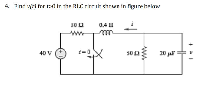 4. Find v(t) for t>0 in the RLC circuit shown in figure below
40 V
30 S2
www
ܡܪܗ ܝ
0.4 H
m
1=0
i
50 £2
20 F
+1